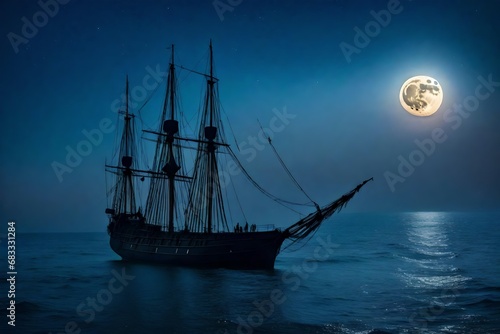 As the moon rises high in the sky, a ghostly ship appears on the horizon,