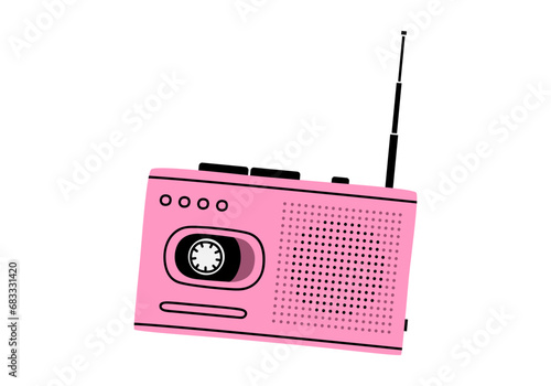 Hand drawn cute cartoon illustration of retro cassette player. Flat vector old audio equipment sticker in colored doodle style. Vintage device for listening music or radio with antenna icon. Isolated.