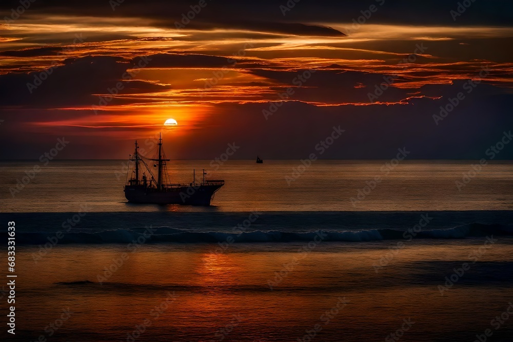 As the sun sets over the horizon, a lone ship sails towards the unknown,