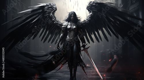 Dark warrior angel with medieval sword. fantasy background photo