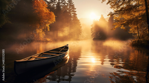 A canoe on a lake with fog in the air and trees