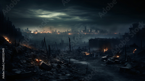 A city destroyed by war shown in a dark atmosphere.