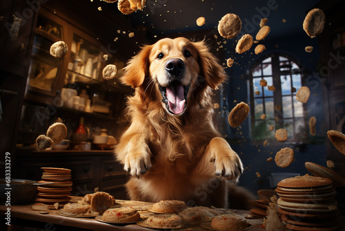 A naughty golden retriever dog causing chaos in a kitchen sending biscuits and cookies flying.