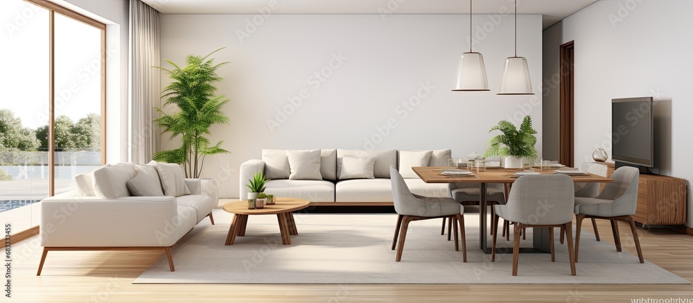 Fototapeta premium Large living room with corner sofa armchair and dining table near window
