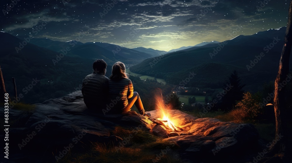 Young couple in love in the evening sitting near a tent in the mountains