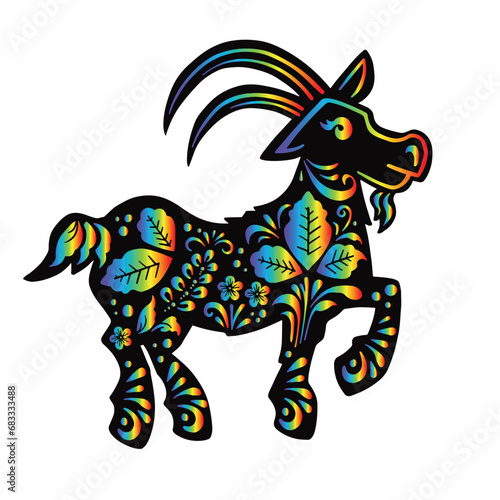 goat with ethnic Russian rainbow gradient pattern, symbol, vector illustration