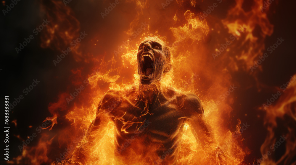 Man suffering hellish tortures, addiction, drug withdrawal concept Man suffering hellish tortures, addiction, drug withdrawal concept