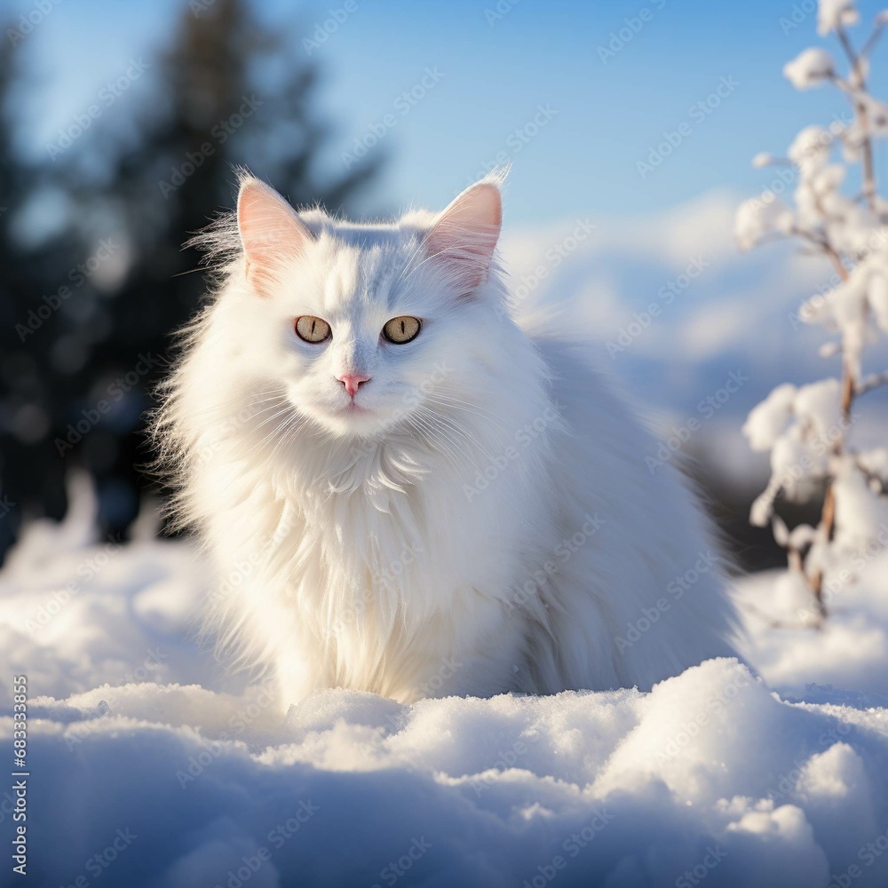 Beautiful white fluffy turkish angora cat on snow background