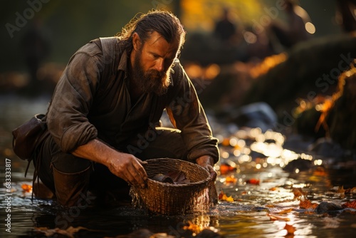 Determined prospector panning for gold in a rushing river, the water glinting with golden hues, Generative AI