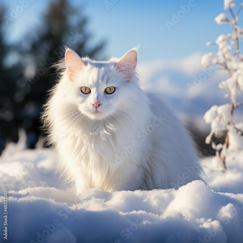 Beautiful white fluffy turkish angora cat on snow background © Nimble Web Solutions