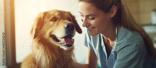 A beautiful female vet nurse doctor examining wit cute dog. AI generated image photo