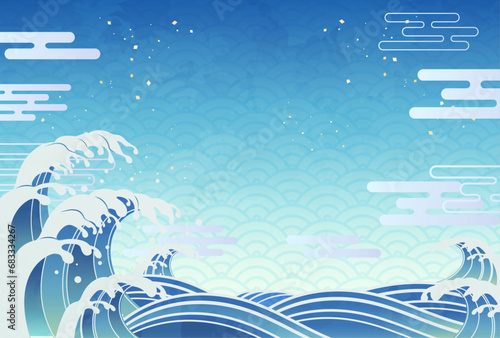 荒ぶる波しぶきと青い和柄背景のイラスト_横2