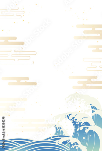 荒ぶる波しぶきの和風背景イラスト_縦2