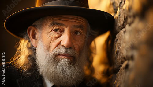 Serious elderly Jewish man with a beard in a hat against a blurred wall background. © Vagengeim
