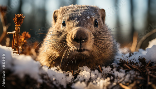 Curious groundhog peeking from snowy burrow in the morning light.