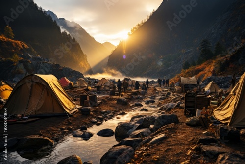 old mining camp at sunrise, with canvas tents and prospecting tools set against a breathtaking mountain backdrop, Generative AI photo