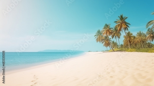 Tropical beach with fine sand and palm trees  calm sea with clear blue sky above. AI Generated