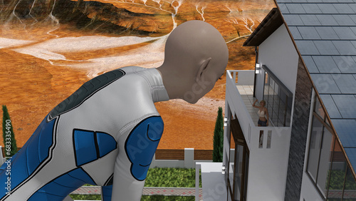 Illustration of a giant alien leaning over to look at a human woman outside on a balcony of a house waving upward. photo