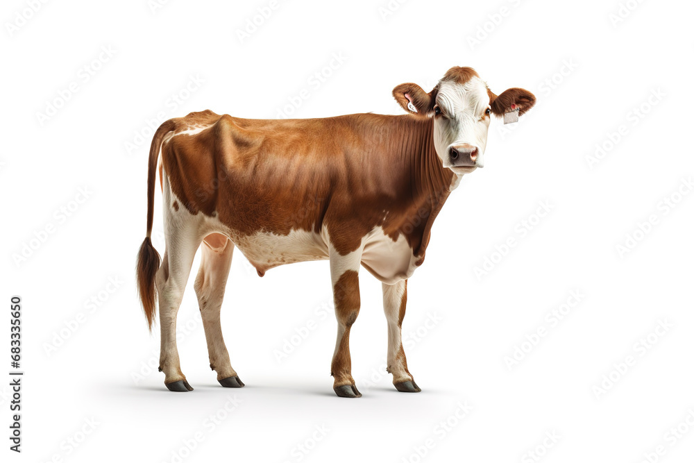 Image of brown cow standing on white background. Farm animals.