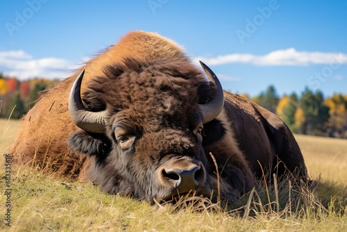 Image of bison sleeping lying on the ground in the middle of the grass. Wildlife Animals.