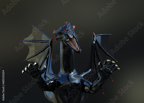 Illustration of a fierce black dragon with open mouth and teeth showing on a dark background.