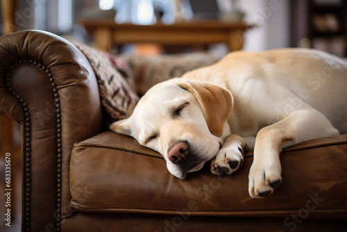 Image of cute labrador dog lying on sofa. Pet. Animals. © yod67