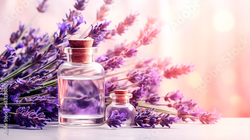 Bottles with lavender oil and bouquet of fresh lavender on light blurred background. Side view, space for text.