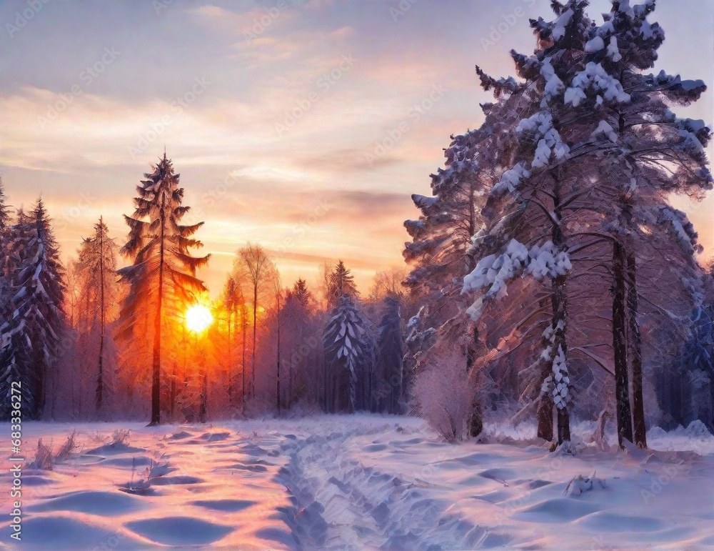 Fototapeta premium Sunset in the wood in winter period. Generated AI