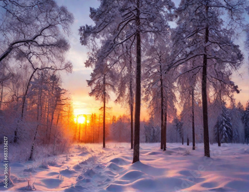 Sunset in the wood in winter period. Generated AI