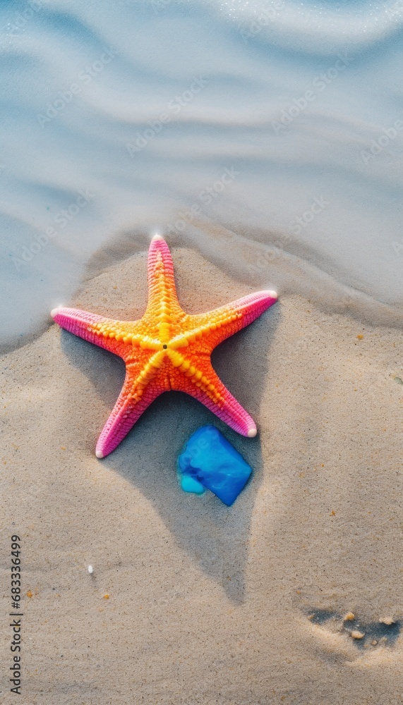 Top view of colorful starfish on the beach. Sand and seashore.