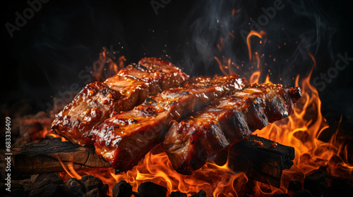 Pork spare ribs barbeque meat grilled on fire © khan