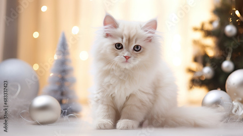Cute white fluffy kitten sitting and looks at the camera, surrounded by a Christmas-decorated room in a modern Scandinavian style. Minimalist festive holiday decor, warm and inviting atmosphere