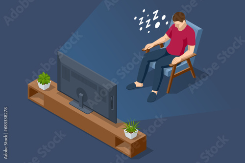 Isometric man fell asleep watching TV. Lazy man watching television at night alone