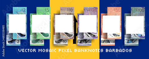 Vector set of Barbados pixel mosaic banknotes. Collection of bills in denominations of 2, 5, 10, 20, 50 and 100 Barbadian dollars. Obverse and reverse. Play money or flyers.