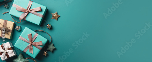 Create Your Christmas Tale Website Banner Awaits Your Message in a Winter Oasis of Gift Boxes, Ribbons, Glowing Sparkles, and Baubles on a Tranquil Turquoise Canvas