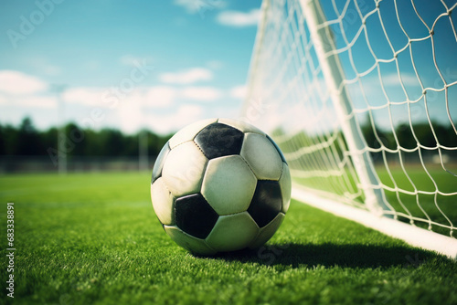 Leather soccer ball near an empty goal on a green soccer field © Anzhela