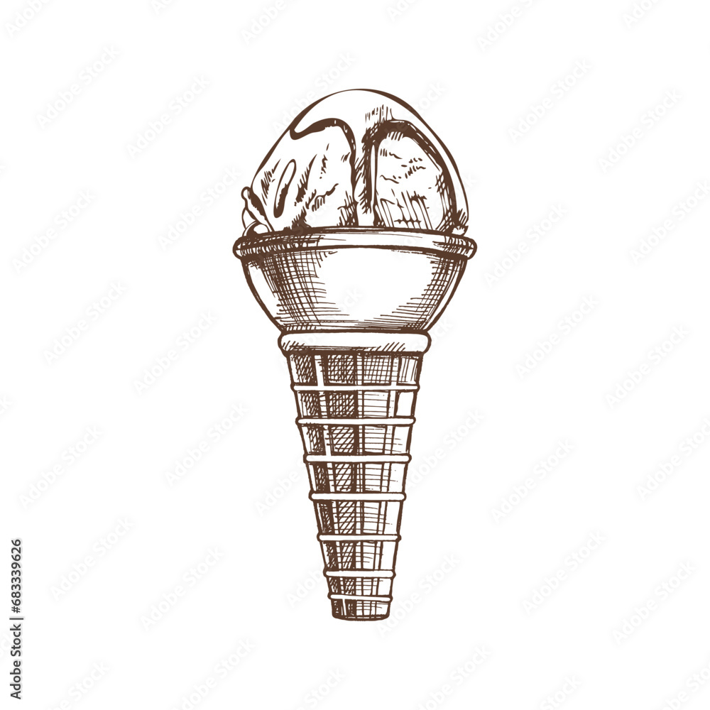 A hand-drawn sketch of a waffle cone with frozen yogurt or ice cream with chocolate sauce on top. Vintage illustration. Element for the design of labels, packaging and postcards. A hand-drawn sketch of a waffle cone with frozen yogurt or ice cream with chocolate sauce on top. Vintage illustration. Element for the design of labels, packaging and postcards.