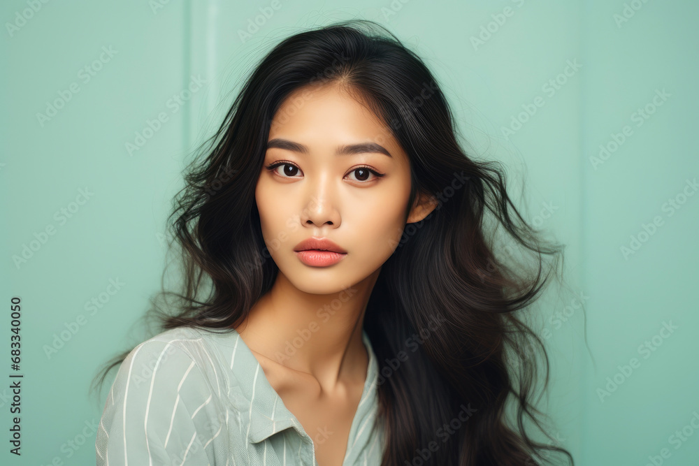Chic Mint Delight: Portrait of a Captivating Asian Lady Chic Mint Delight: Portrait of a Captivating Asian Lady