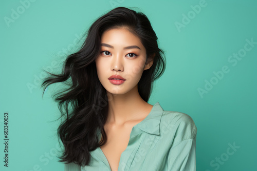 Radiant Elegance: Asian Woman in a Mint Green Setting