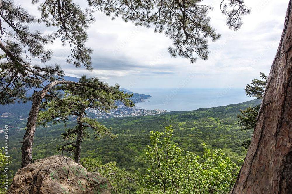 Picturesque view of the city of Yalta and the Black Sea from Ai-Petri mountain in Crimea. Mountain landscape with trees in the clouds. Clouds over Ai-Petri Mountain. Crimean Peninsula Picturesque view of the city of Yalta and the Black Sea from Ai-Petri mountain in Crimea. Mountain landscape with trees in the clouds. Clouds over Ai-Petri Mountain. Crimean Peninsula
