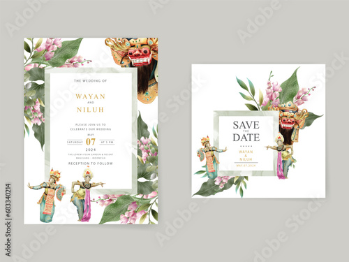 wedding invitation card template with exotic bali dancers watercolor illustration