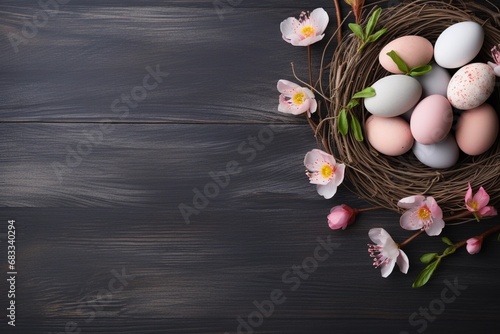 Nest with pastel Easter eggs and flowers on wooden background, copy space photo