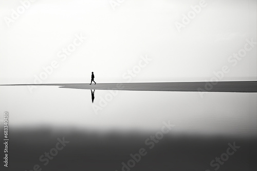 I am lonely. Loneliness and Isolation. Man walking alone on a black and white shore. - AI Generated