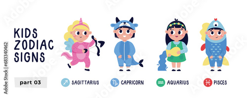 Colorful vector set with zodiac signs. Part 3. Astrological horoscope vector symbol for kids. Sagittarius, Aquarius, Capricorn, Pisces