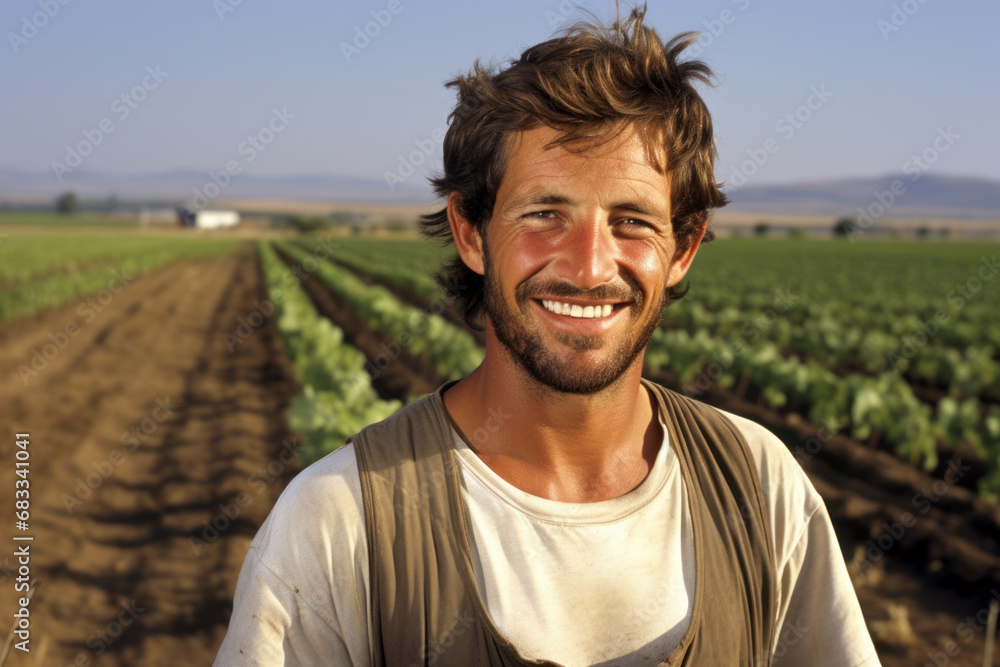 Close up smiling young farmer with crops in background Close up smiling young farmer with crops in background