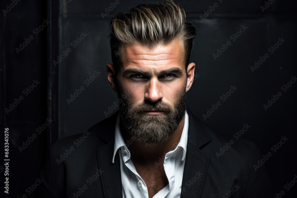 handsome male fashion model with beard against dark background