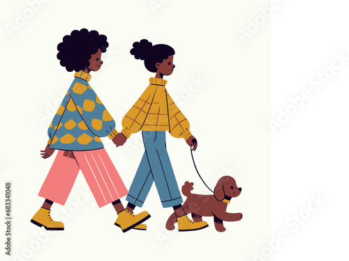 Ilustración moderna de dos chicas paseando un perro