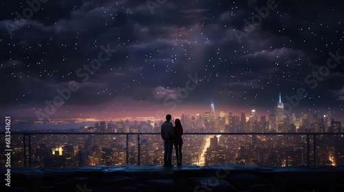 Young couple in love standing against the background of the night city