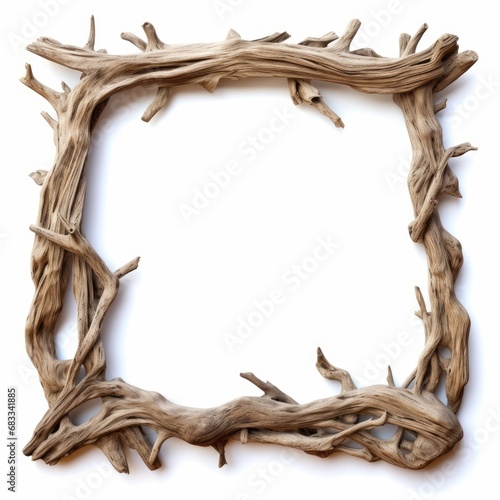 Square wooden frame from driftwood isolated on white background. Boho rustic style  top view