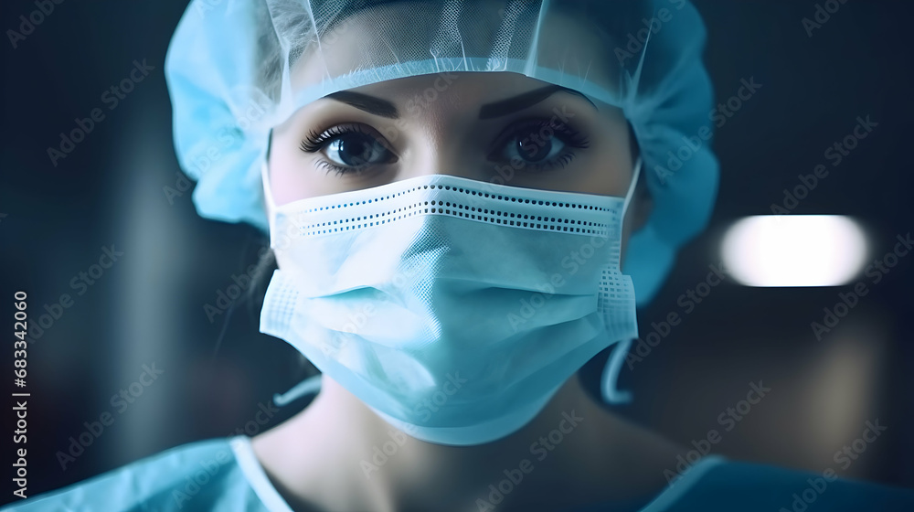 Female surgeon in mask closeup . Portrait cap services clinic surgery Female surgeon in mask closeup . Portrait cap services clinic surgery